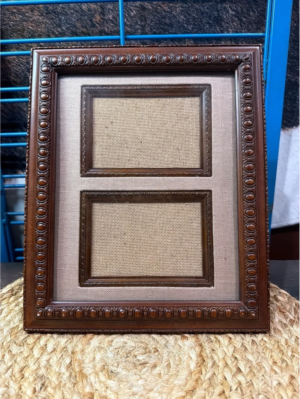 Vintage Double Picture Frame with Ornate Brown Wood Design